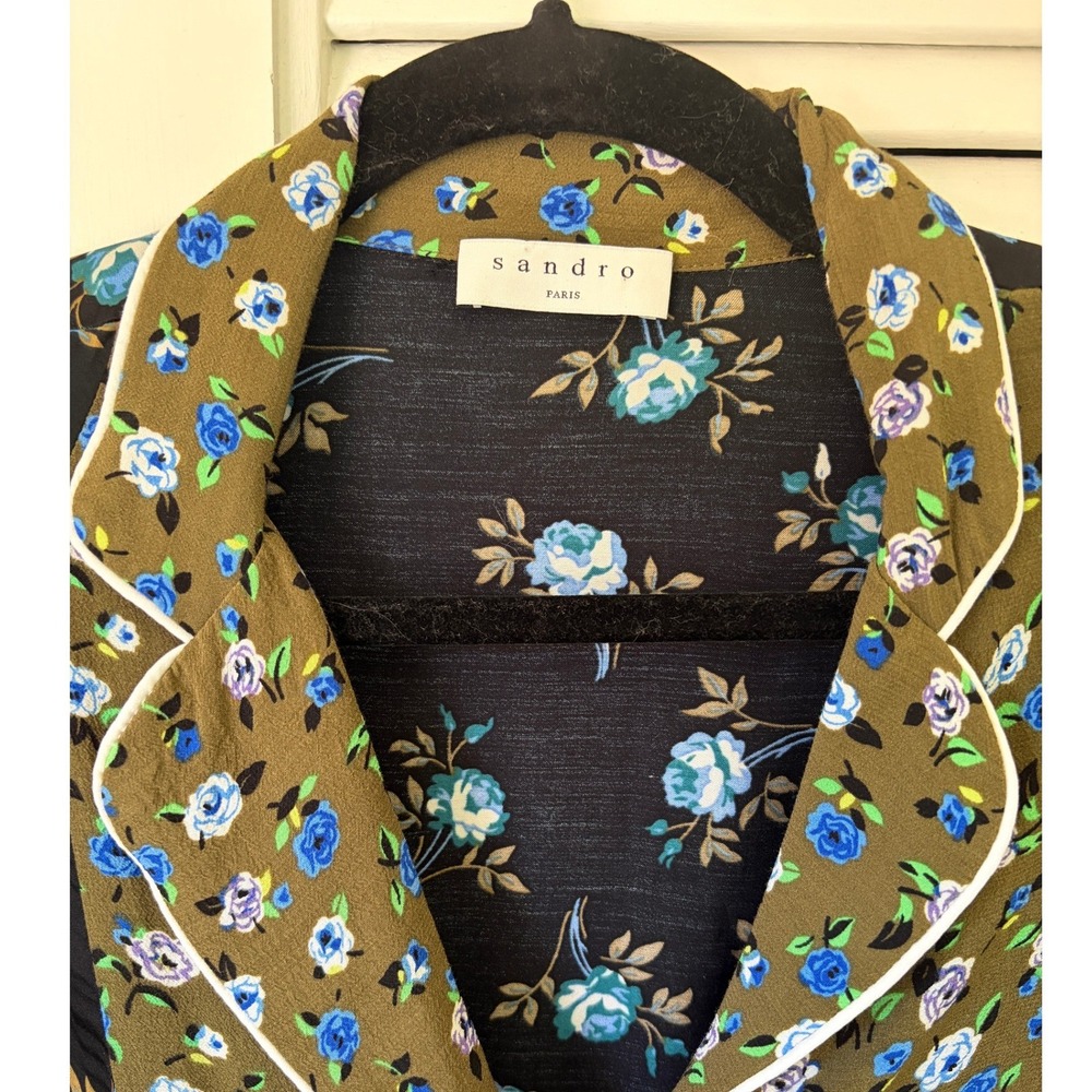 Sandro Paris Crepe & Satin Noisette Floral Blouse In Black Blue l sz 1 Sm - Picture 3 of 8